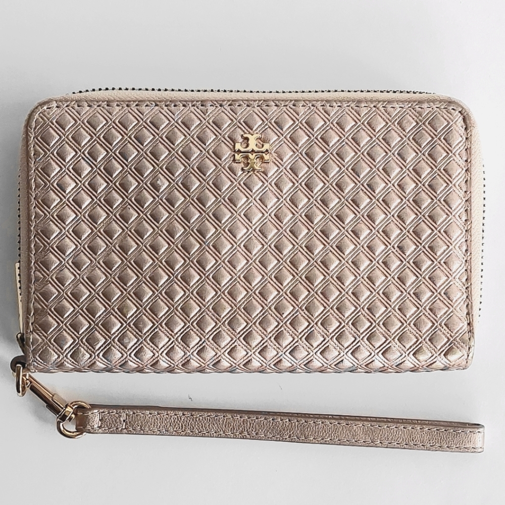 Tory Burch Marion Rose Gold Embossed Metallic Zip Around Leather Wallet/Clutch